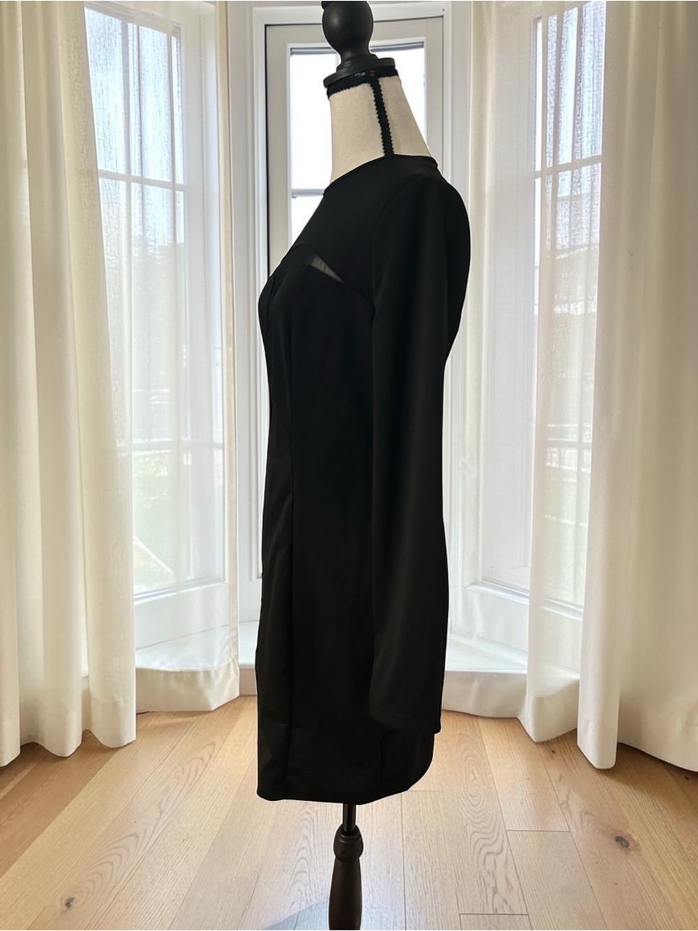 NWT Black Long Sleeve Mesh Cutout Illusiin Bodycon Dress - Picture 5 of 10